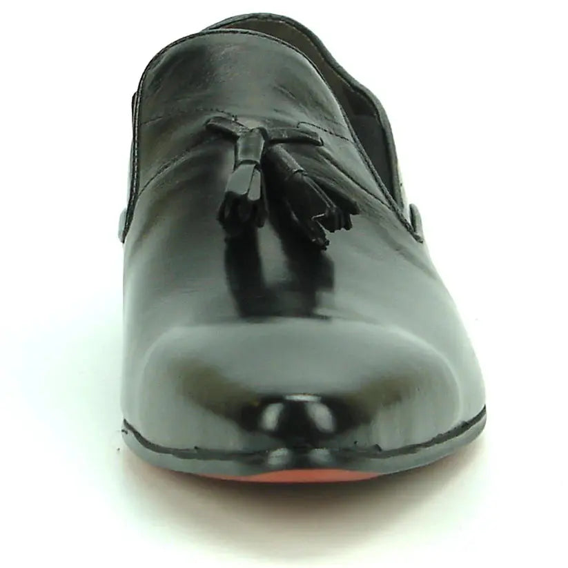 Fiesso FI-7287 Black Leather Tassel Slip On Loafers