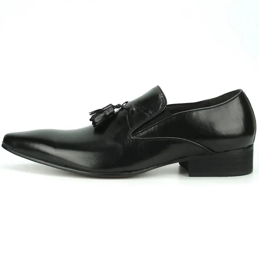 Fiesso FI-7287 Black Leather Tassel Slip On Loafers
