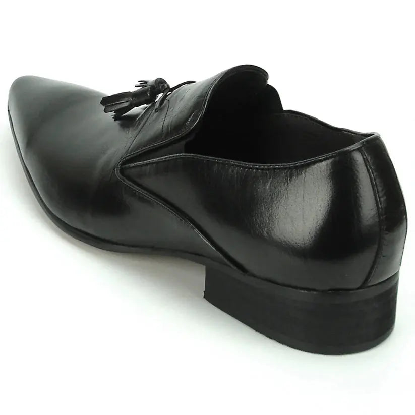 Fiesso FI-7287 Black Leather Tassel Slip On Loafers