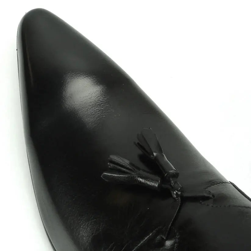 Fiesso FI-7287 Black Leather Tassel Slip On Loafers