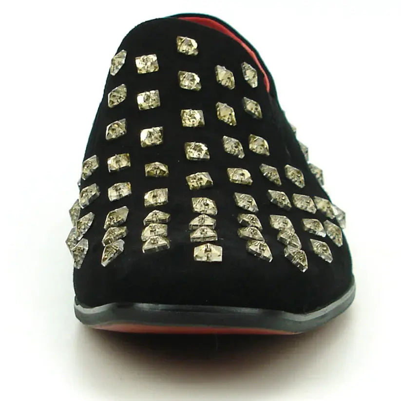 Fiesso FI-7487 Black/Gold Rhinestones Slip on Loafers