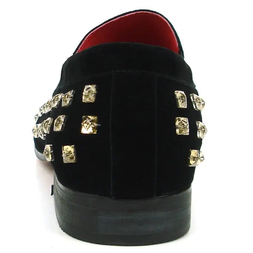 Fiesso FI-7487 Black/Gold Rhinestones Slip on Loafers