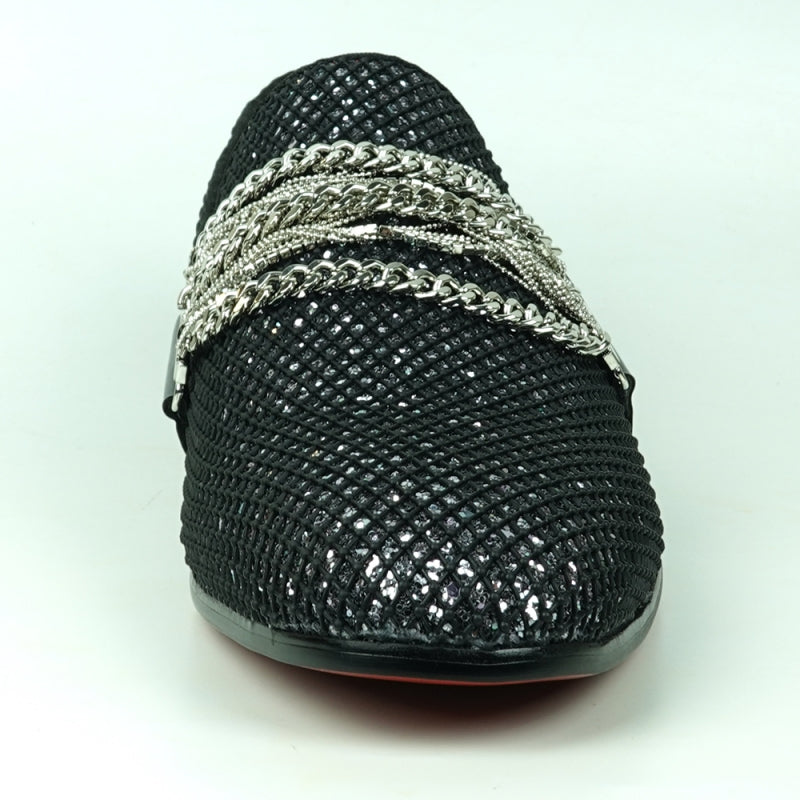 Fiesso FI-7528 Black Silver Slip on With Silver Chain Encore Loafers