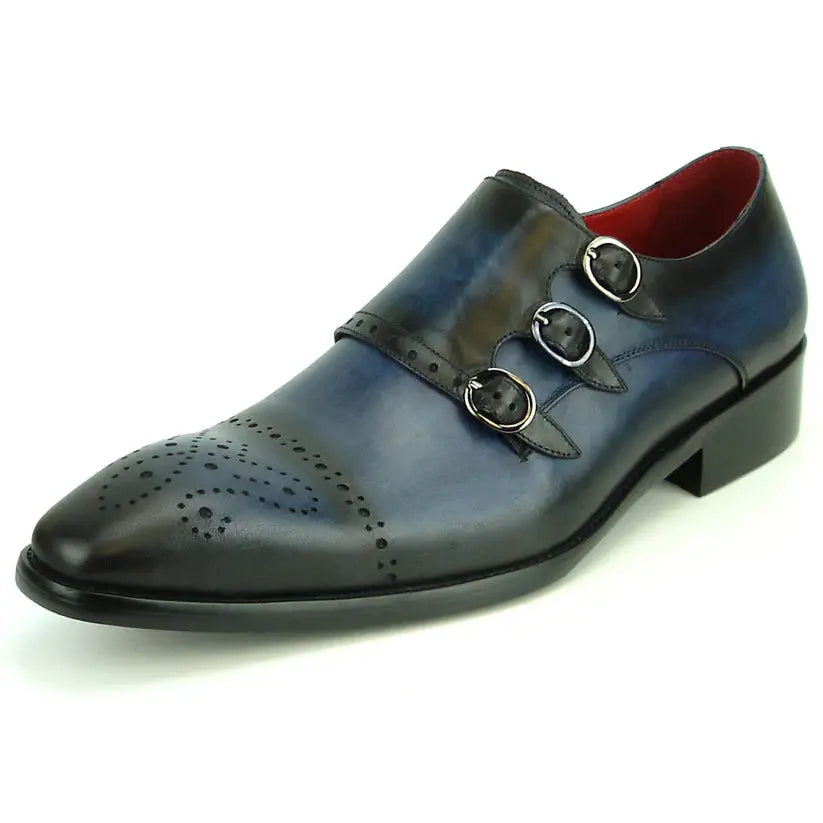 Fiesso FI-8703 Navy Leather Triple Monk Strap Shoes