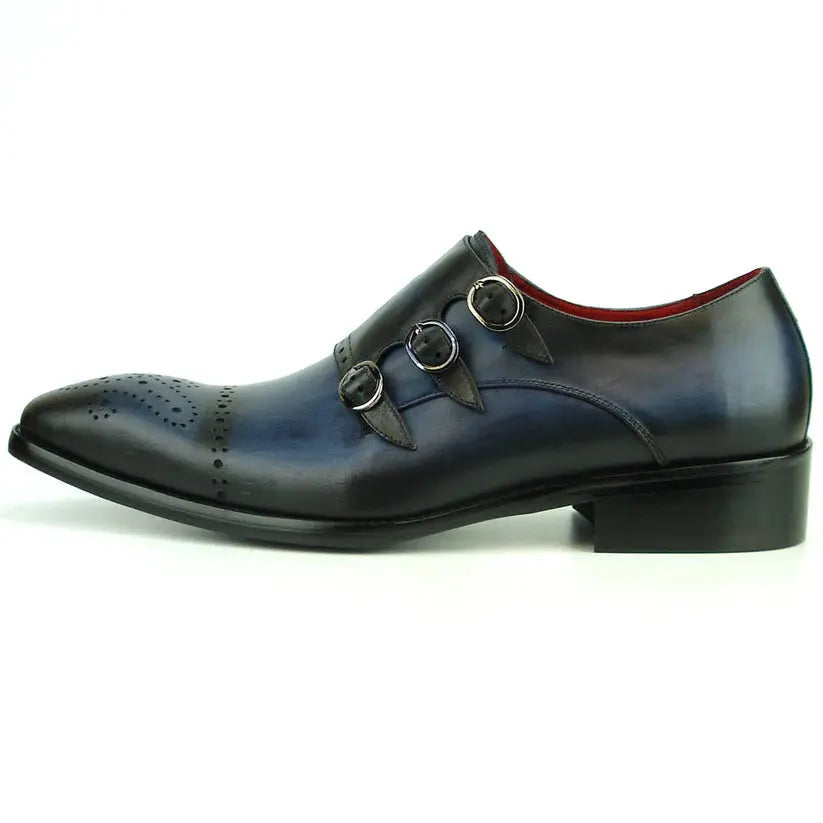Fiesso FI-8703 Navy Leather Triple Monk Strap Shoes