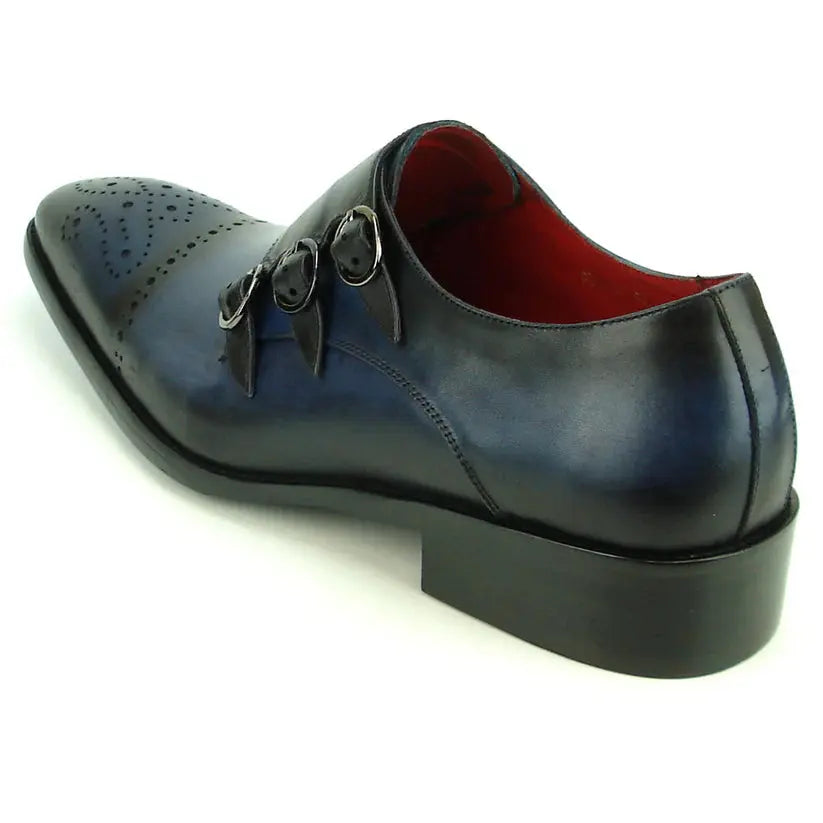 Fiesso FI-8703 Navy Leather Triple Monk Strap Shoes