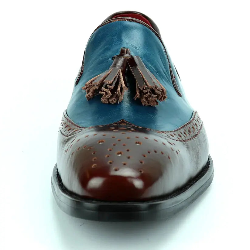 Fiesso FI-8705 Burgundy/Blue Wingtip Tassel Loafers
