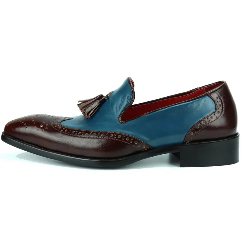 Fiesso FI-8705 Burgundy/Blue Wingtip Tassel Loafers