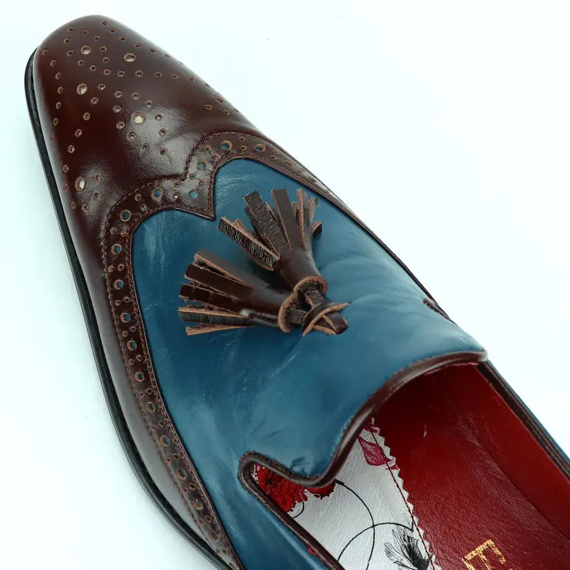 Fiesso FI-8705 Burgundy/Blue Wingtip Tassel Loafers