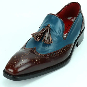 Fiesso FI-8705 Burgundy/Blue Wingtip Tassel Loafers