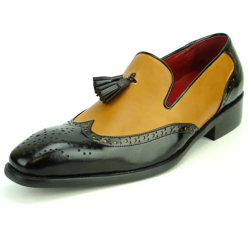 Fiesso FI-8705 Black/Tan Wingtip Tassel Loafers