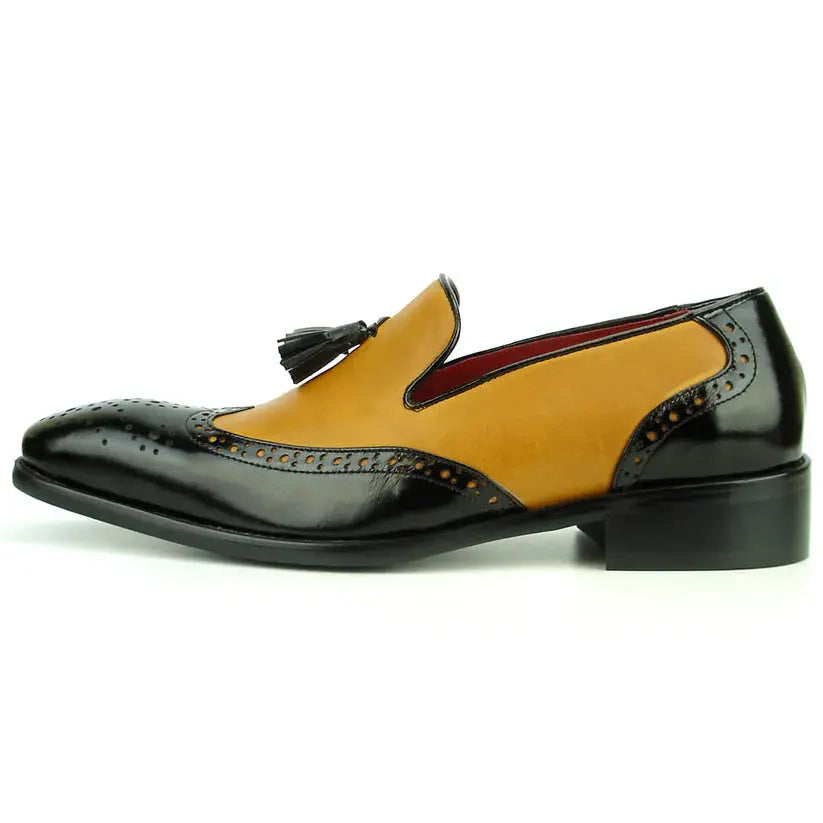 Fiesso FI-8705 Black/Tan Wingtip Tassel Loafers