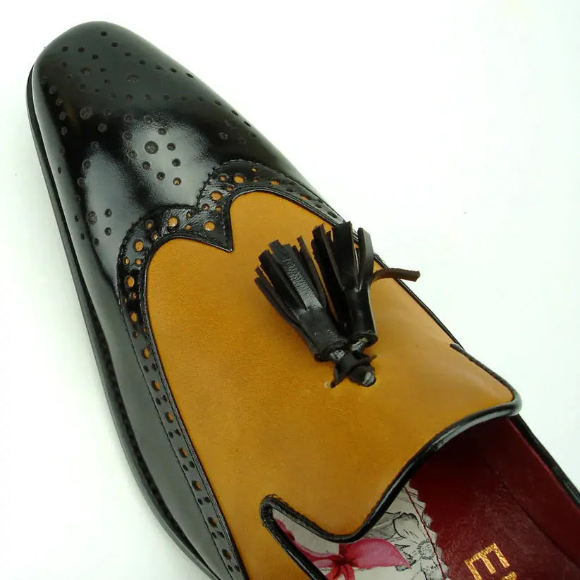Fiesso FI-8705 Black/Tan Wingtip Tassel Loafers