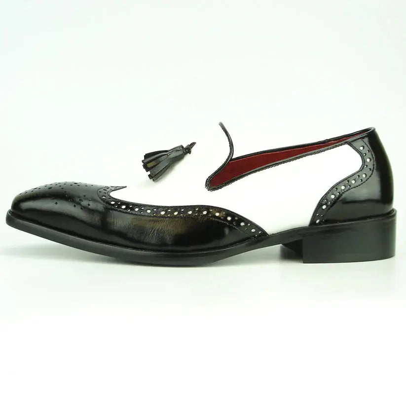 Fiesso FI-8705 Black/White Wingtip Tassel Loafers