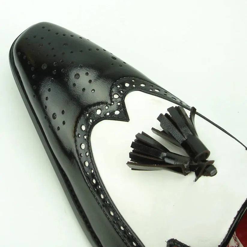 Fiesso FI-8705 Black/White Wingtip Tassel Loafers