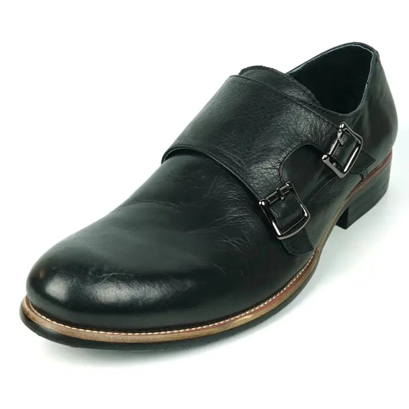 Fiesso FI-9051 Black Genuine Leather Monk Strap Shoes