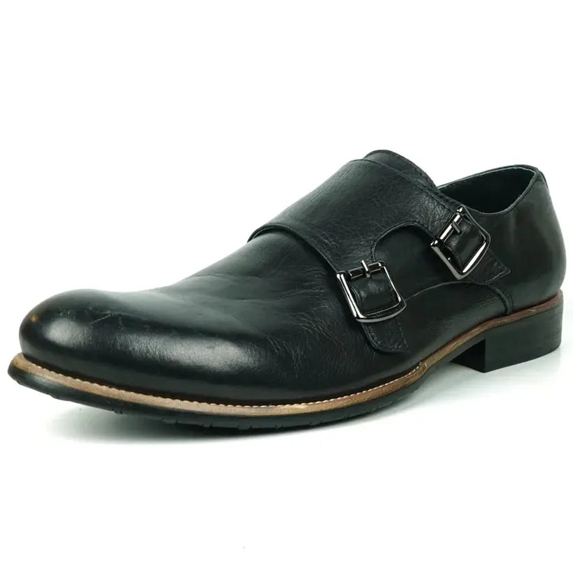 Fiesso FI-9051 Black Genuine Leather Monk Strap Shoes