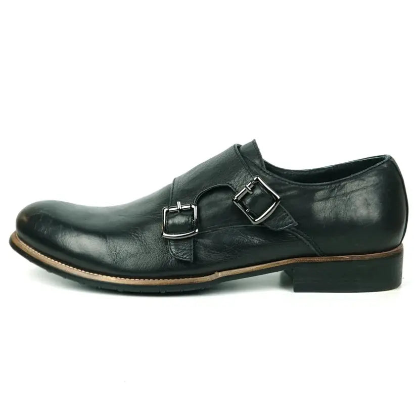 Fiesso FI-9051 Black Genuine Leather Monk Strap Shoes