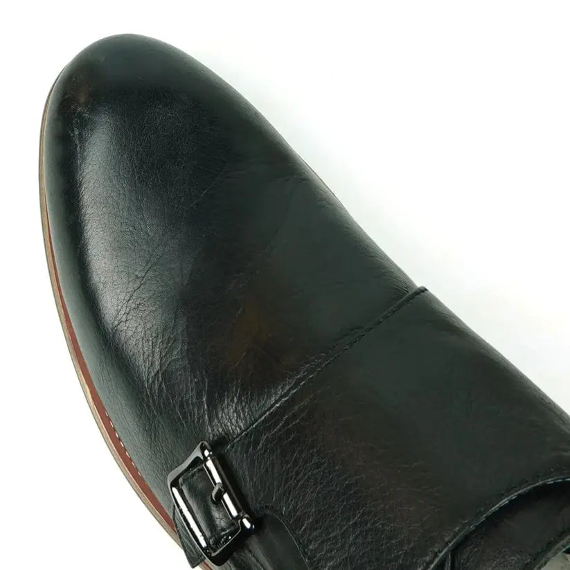 Fiesso FI-9051 Black Genuine Leather Monk Strap Shoes