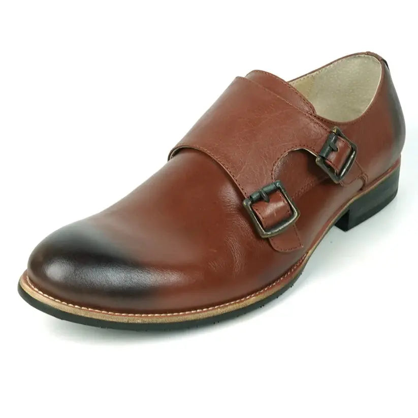 Fiesso FI-9051 Brown Genuine Leather Monk Strap Shoes