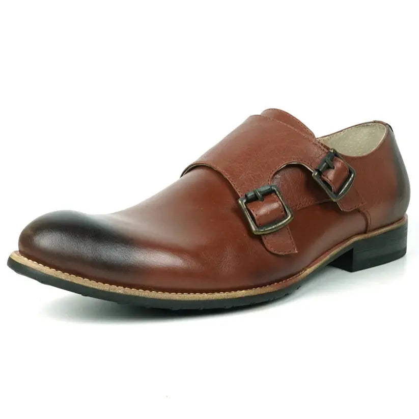 Fiesso FI-9051 Brown Genuine Leather Monk Strap Shoes