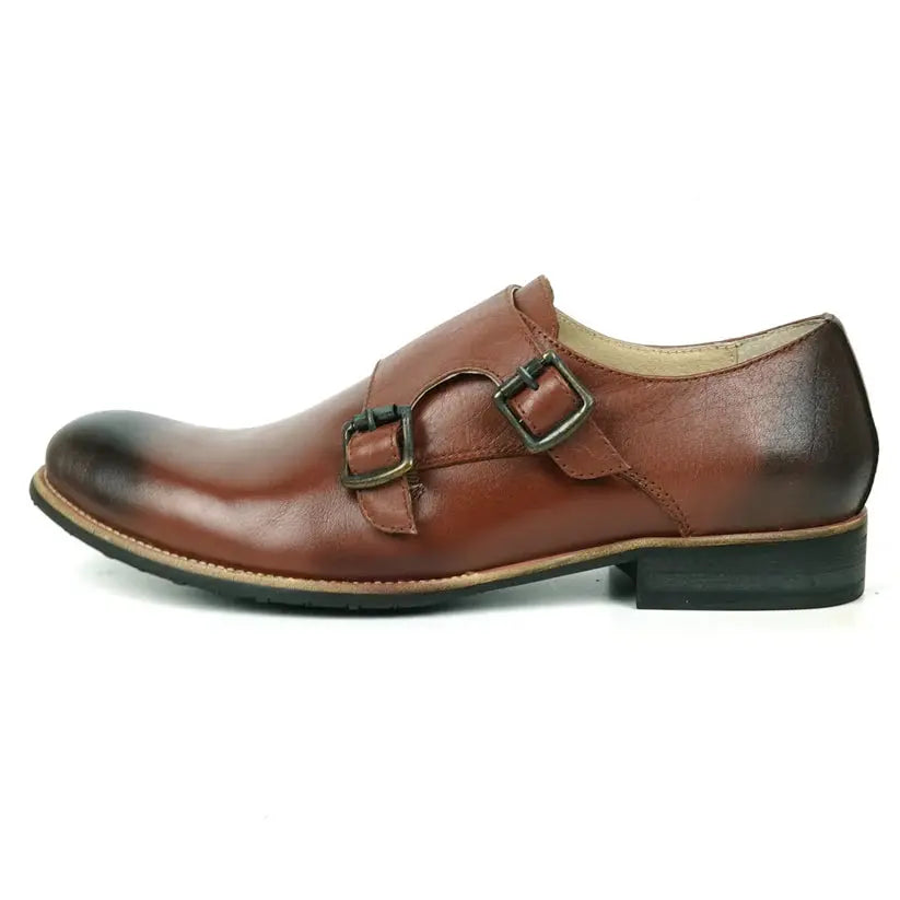 Fiesso FI-9051 Brown Genuine Leather Monk Strap Shoes