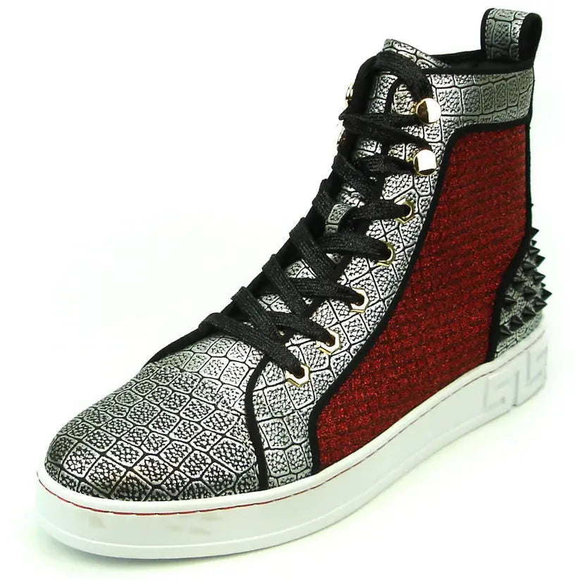 Fiesso FI-2362-2 Red/Silver/Black Spiked High Top Sneakers