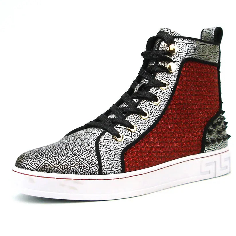 Fiesso FI-2362-2 Red/Silver/Black Spiked High Top Sneakers