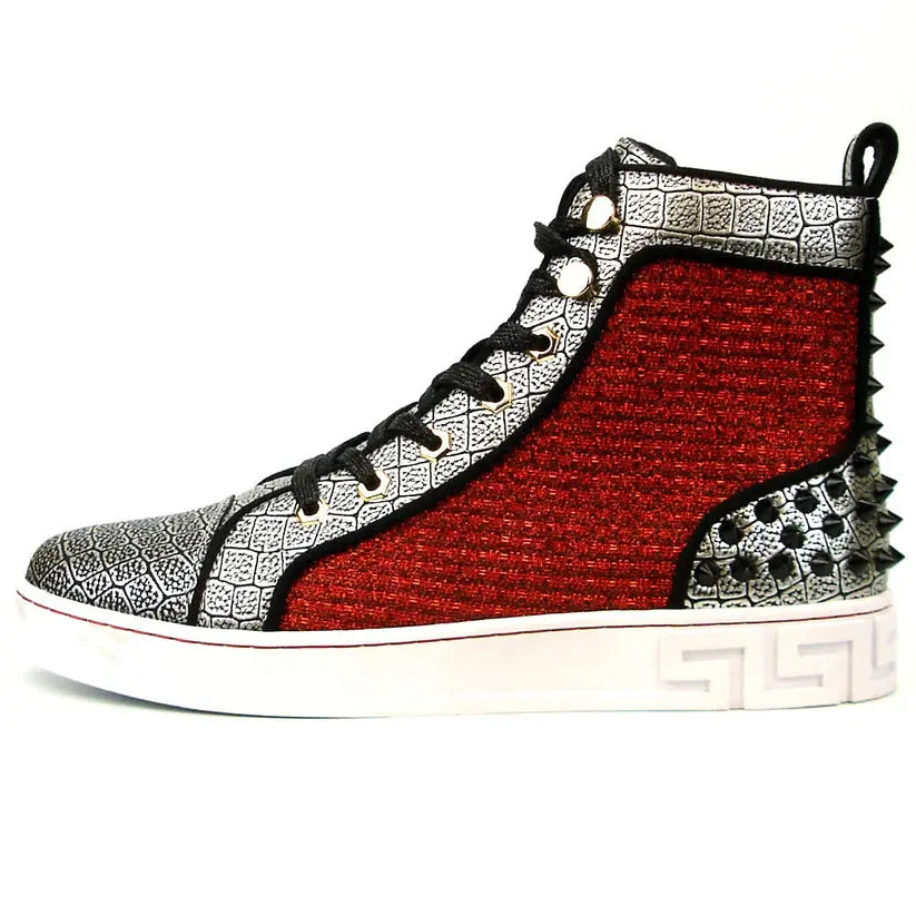 Fiesso FI-2362-2 Red/Silver/Black Spiked High Top Sneakers