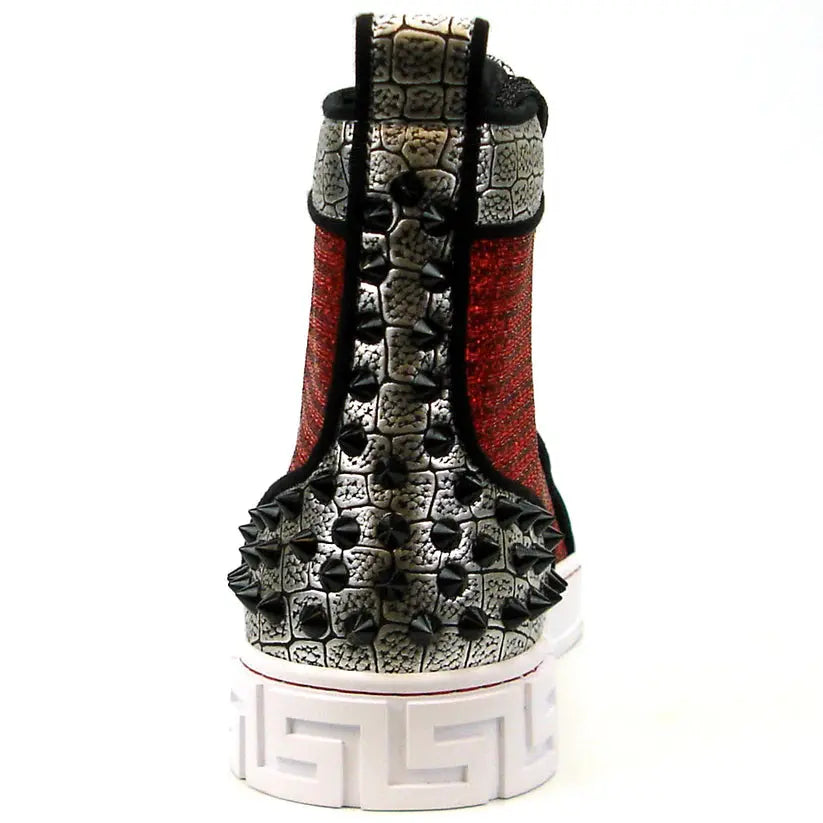 Fiesso FI-2362-2 Red/Silver/Black Spiked High Top Sneakers