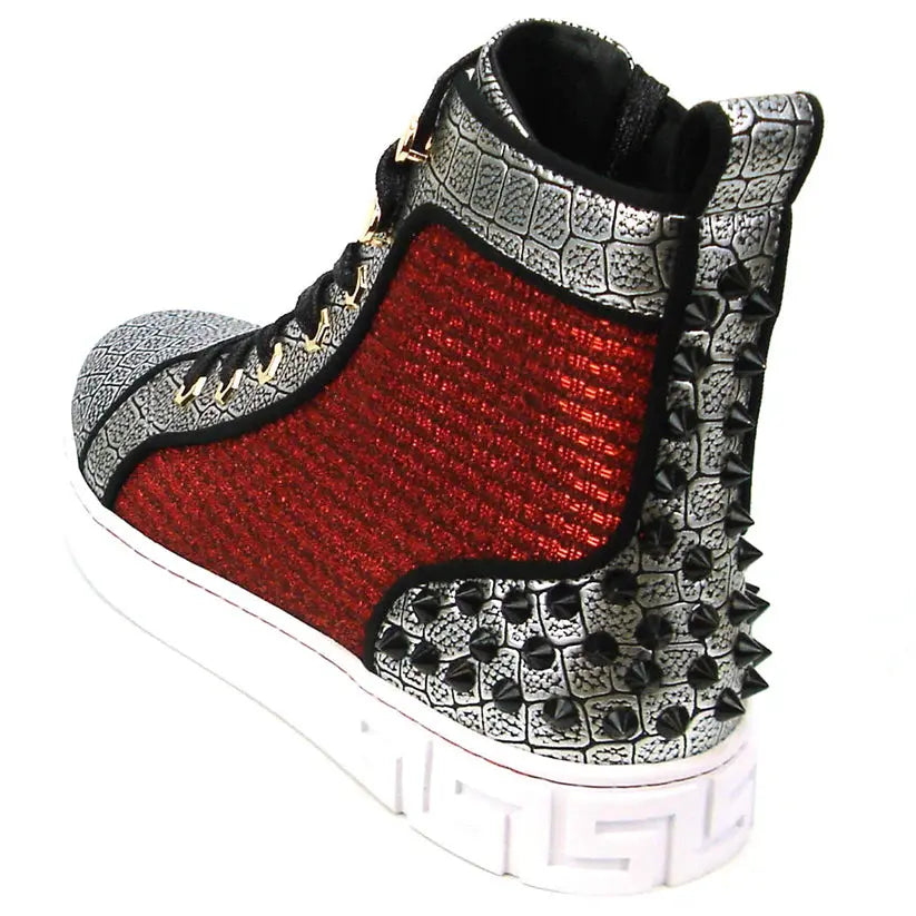 Fiesso FI-2362-2 Red/Silver/Black Spiked High Top Sneakers