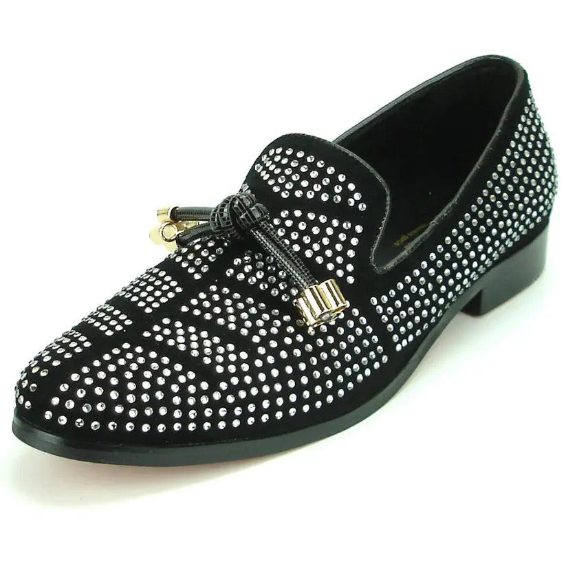 Fiesso FI-6958 Black/White Rhinestones Slip On Loafers