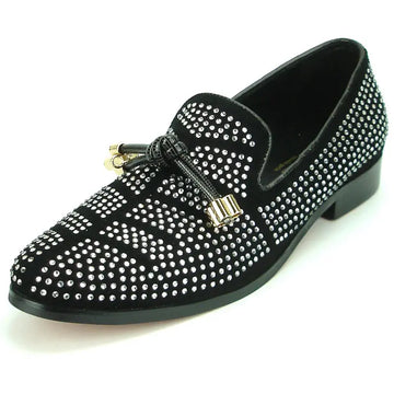 Fiesso FI-6958 Black/White Rhinestones Slip On Loafers