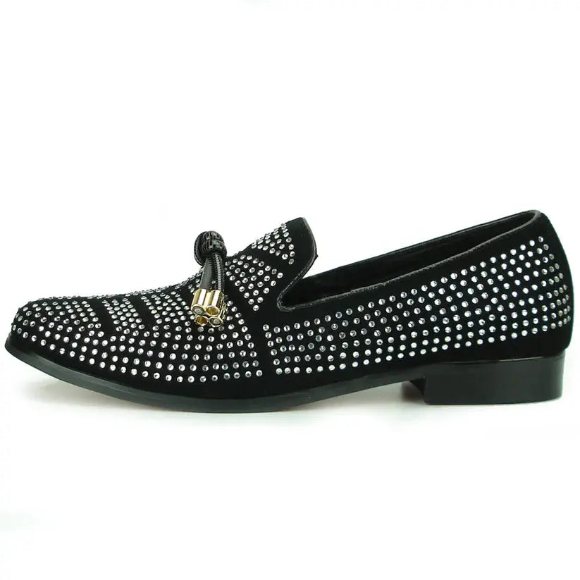 Fiesso FI-6958 Black/White Rhinestones Slip On Loafers