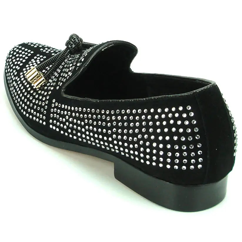 Fiesso FI-6958 Black/White Rhinestones Slip On Loafers