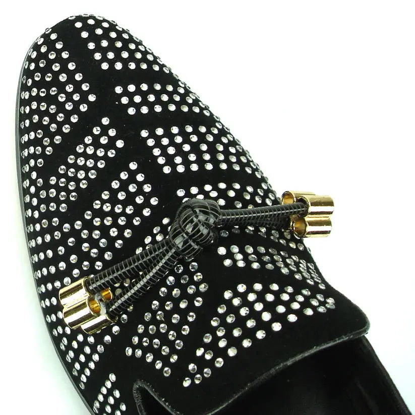 Fiesso FI-6958 Black/White Rhinestones Slip On Loafers