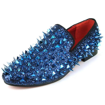 Fiesso FI-7239 Blue Glitter Blue Spikes Loafers