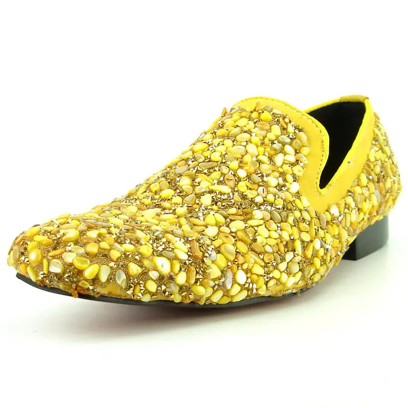 Fiesso FI-7317 Yellow Suede Stones Slip on Loafer