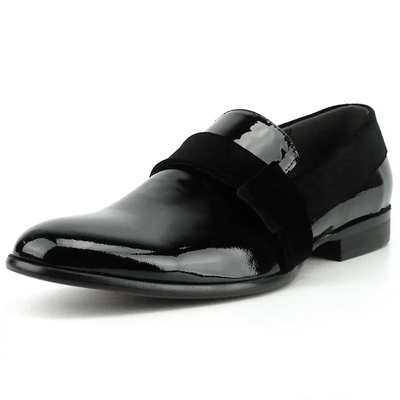 Fiesso FI-7356 Black Patent Suede Strap Slip On Loafers