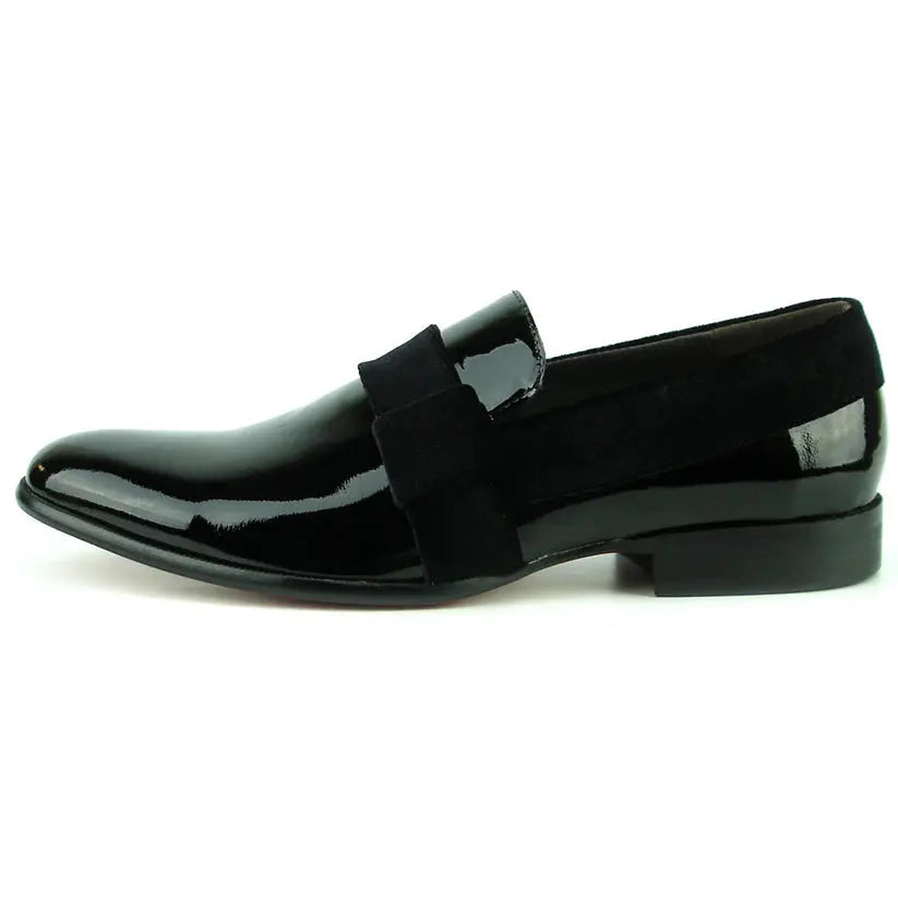 Fiesso FI-7356 Black Patent Suede Strap Slip On Loafers
