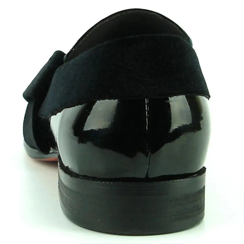 Fiesso FI-7356 Black Patent Suede Strap Slip On Loafers