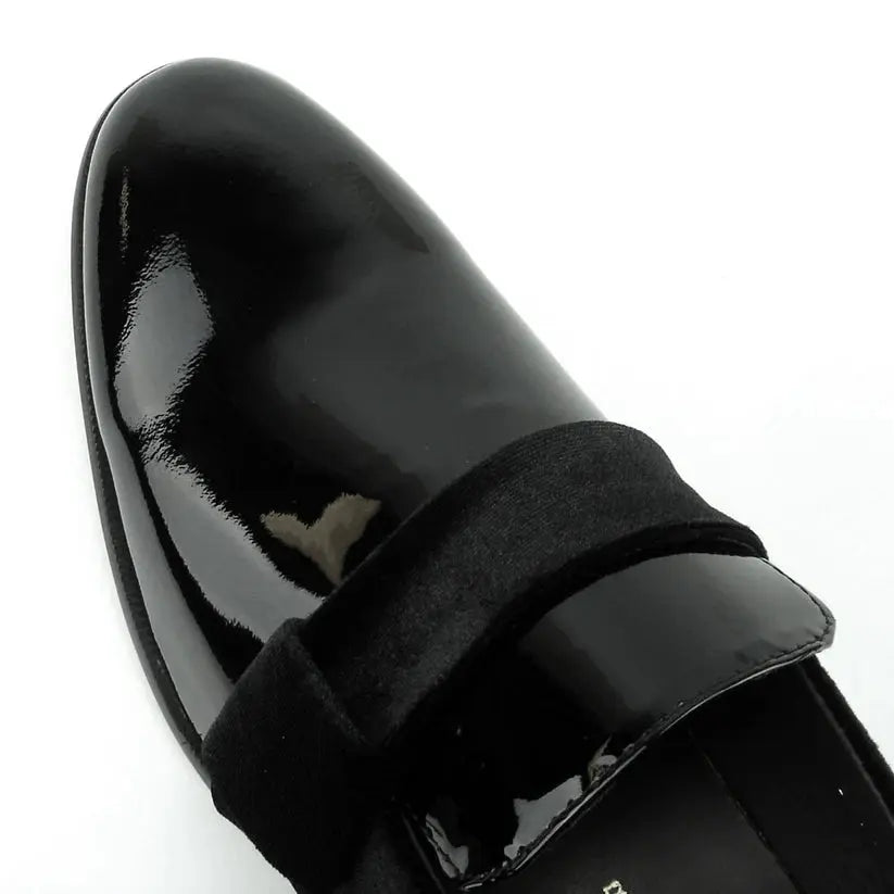 Fiesso FI-7356 Black Patent Suede Strap Slip On Loafers