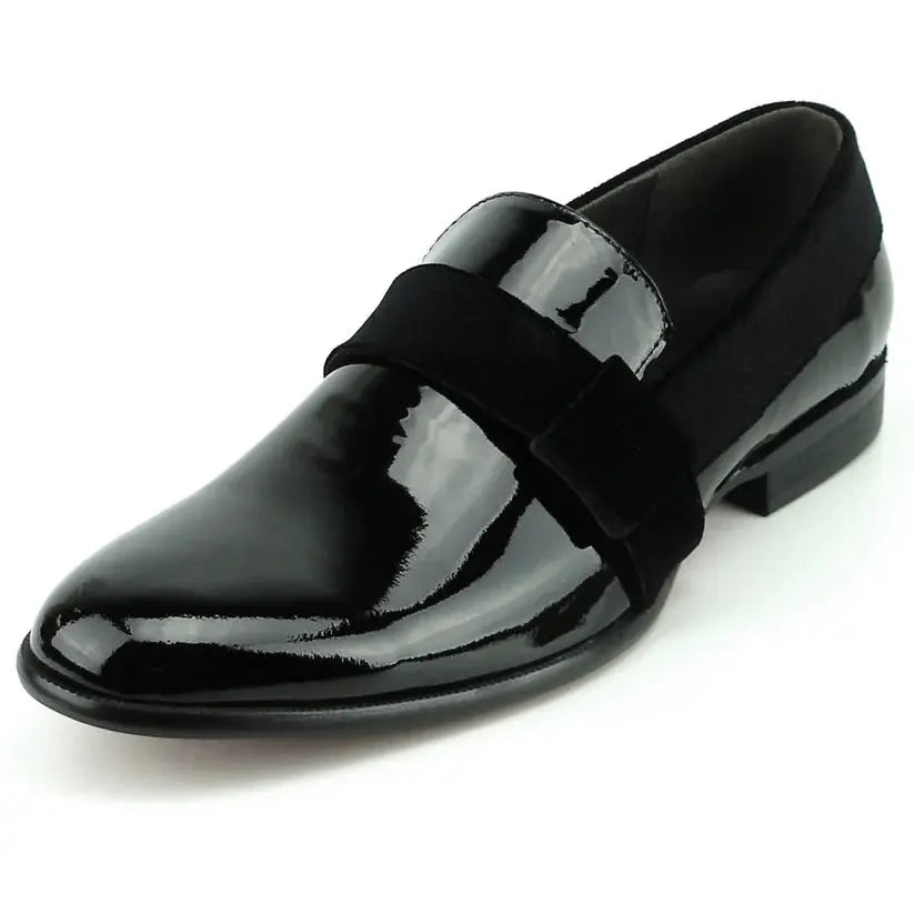 Fiesso FI-7356 Black Patent Suede Strap Slip On Loafers