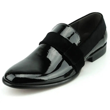 Fiesso FI-7356 Black Patent Suede Strap Slip On Loafers