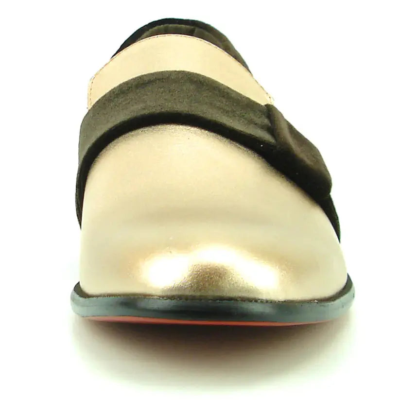 Fiesso FI-7356 Gold Patent Suede Strap Slip On Loafers