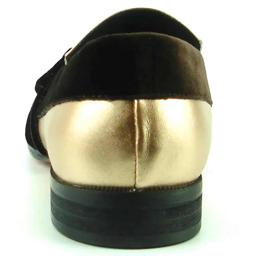 Fiesso FI-7356 Gold Patent Suede Strap Slip On Loafers