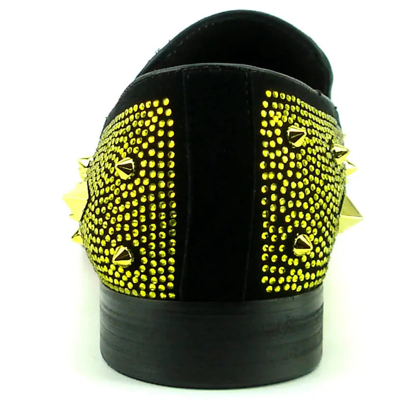 Fiesso FI-7364 Black/Gold Rhinestones Slip on Loafers