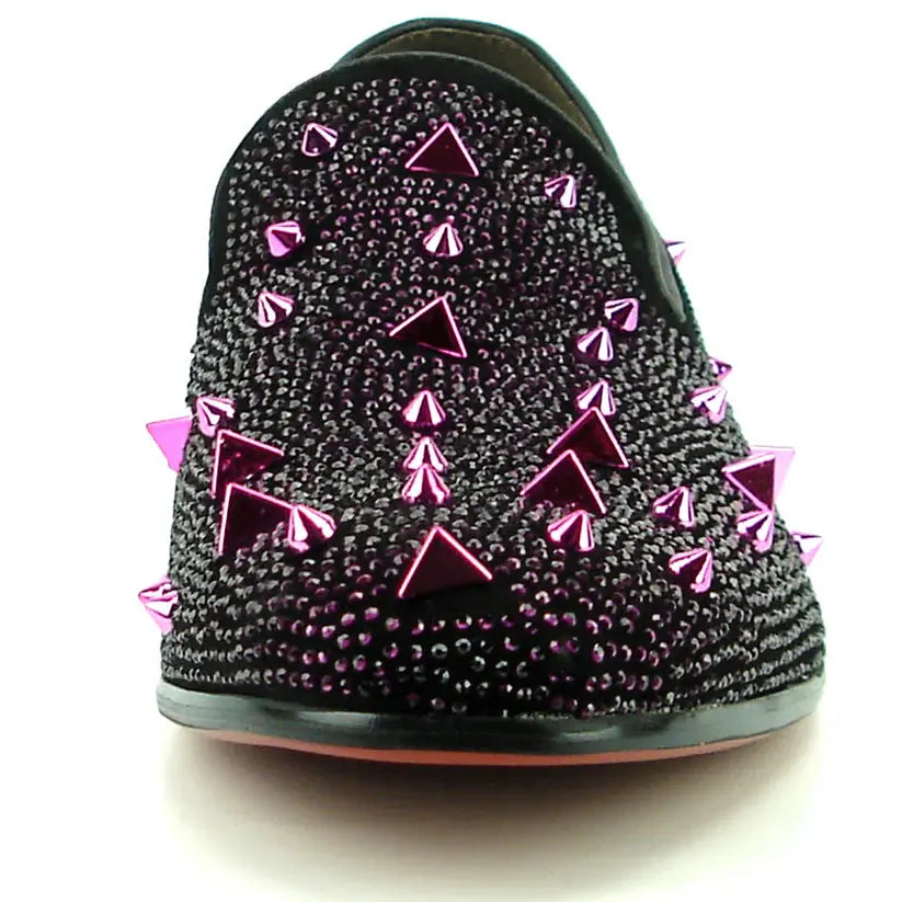 Fiesso FI-7364 Black/Purple Rhinestones Slip on Loafers