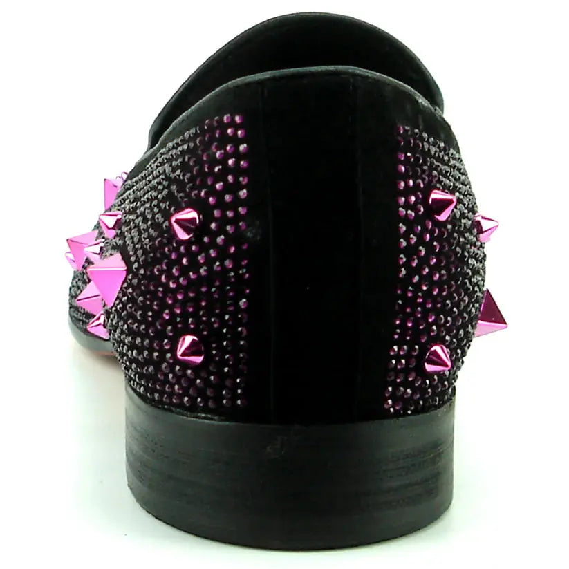 Fiesso FI-7364 Black/Purple Rhinestones Slip on Loafers