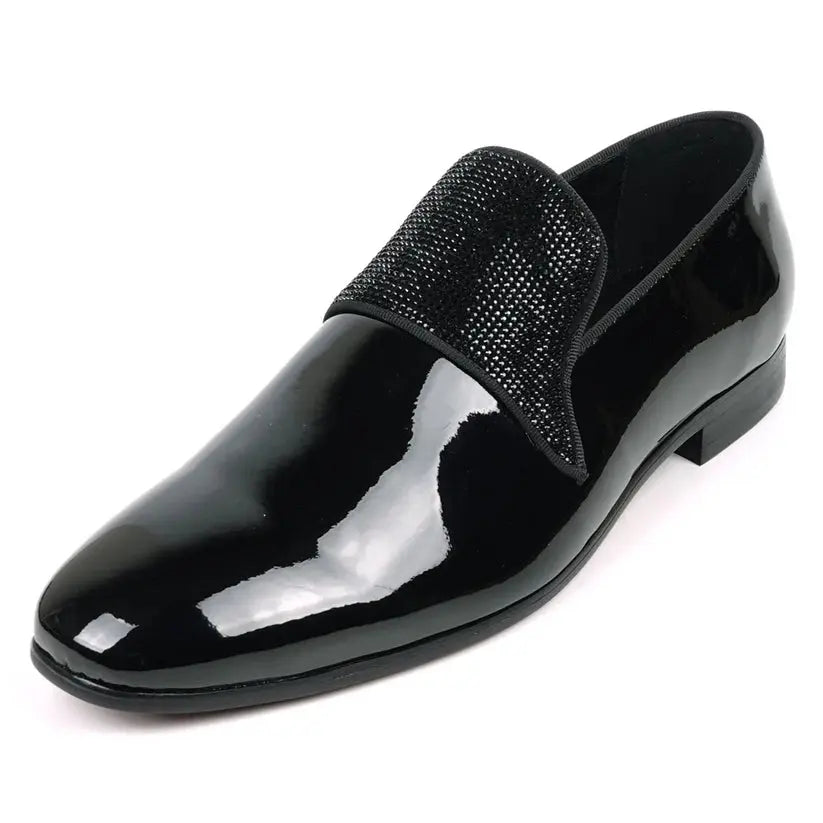 Fiesso FI-7549 Black Patent Black Rhinestone Loafers